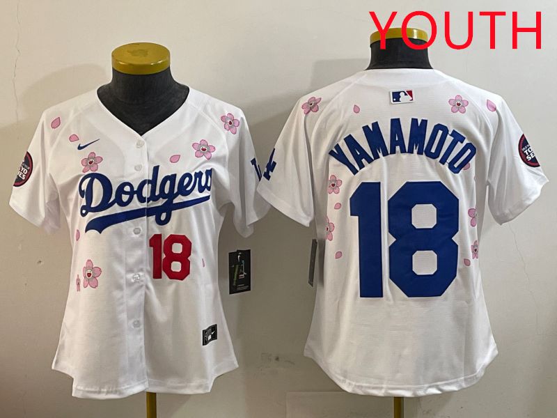Youth Los Angeles Dodgers #18 Yamamoto White Sakura Edition 2025 Nike MLB Jersey style 6->youth mlb jersey->Youth Jersey
